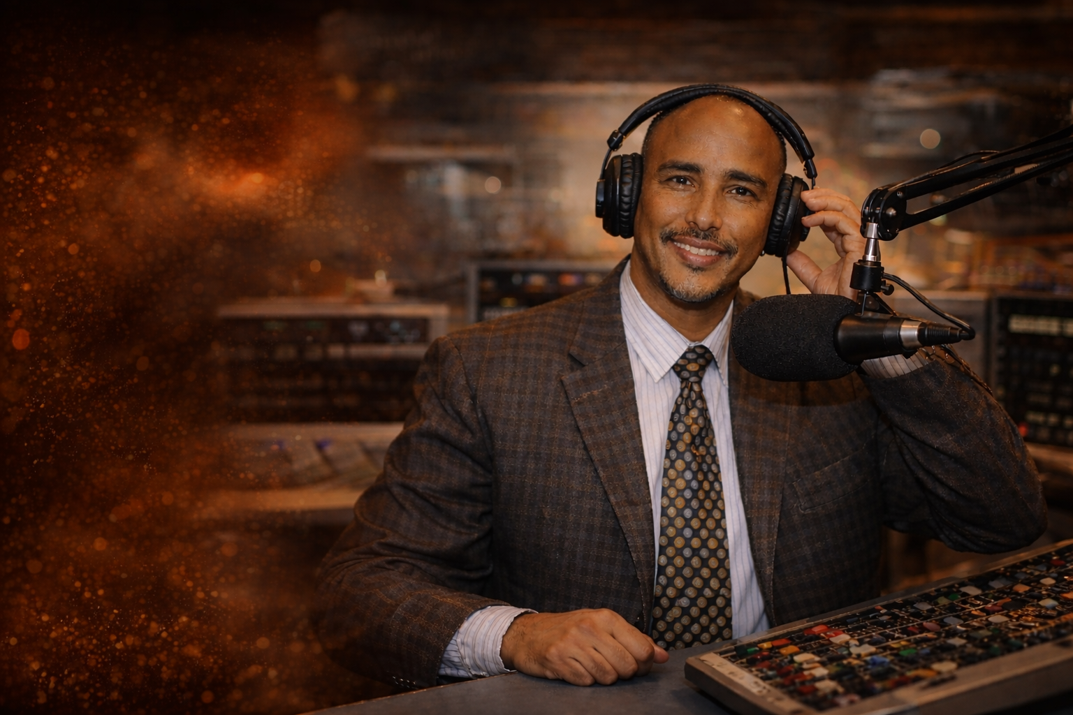 Smiling radio host in a suit with headphones speaking into a microphone in a studio.