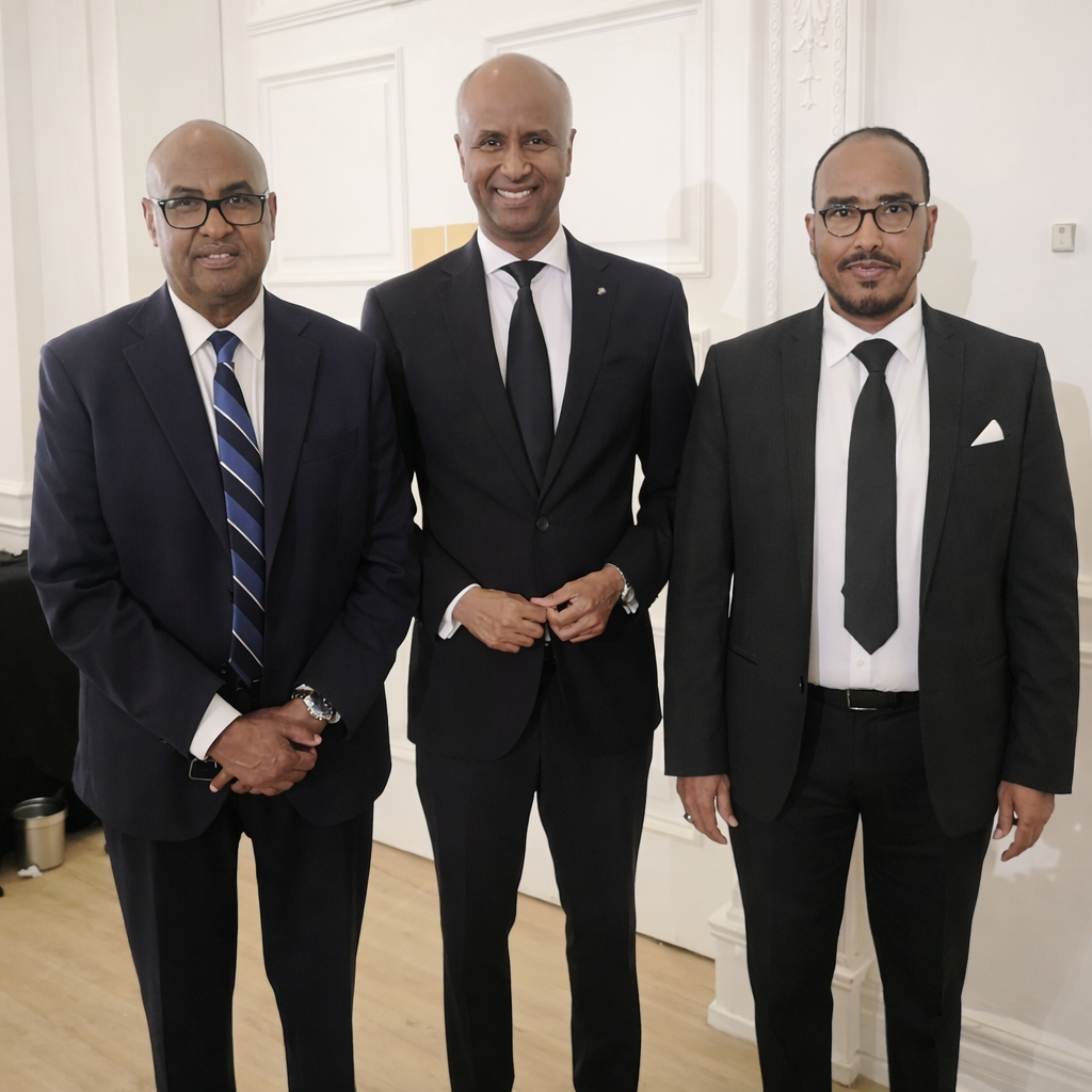 Three men in formal suits standing indoors against a white wall, two wearing glasses, all smiling or neutral.